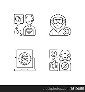 Cyber bullying linear icons set. Block or mute harasser. Ban internet troll. Online sexual harassment. Customizable thin line contour symbols. Isolated vector outline illustrations. Editable stroke. Cyber bullying linear icons set