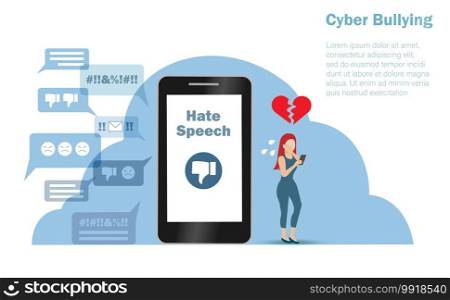 Cyber bullying, negative criticism, hate speech concept. Teenage girl crying when seeing hate speech from online social network on smartphone. Vector ILlustration.