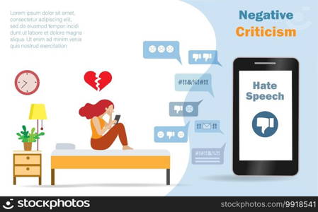 Cyber bullying, online shaming, hate speech and negative criticism concept. Woman crying in her bedroom when seeing hate speech from online social network on smartphone. Vector Illustration.