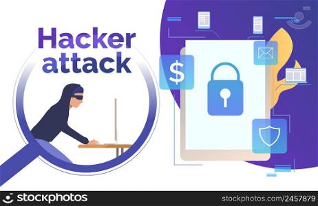 Cyber burglar hacking into device. Tablet with lock on screen, fire, money, email, shield signs. Data safety concept. Vector illustration can be used for presentations, posters, landing pages