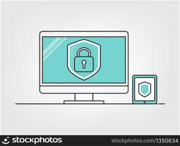 Cyber computer security. Shield with computer and mobile digital data background. information privacy idea.