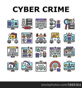 Cyber Crime Internet Business Icons Set Vector. Ddos And Ping Of Death Attack, Phishing And Teardrop Cyberspace Crime, Malware And Ransomware Line. Network Theft Color Illustrations. Cyber Crime Internet Business Icons Set Vector