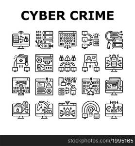 Cyber Crime Internet Business Icons Set Vector. Ddos And Ping Of Death Attack, Phishing And Teardrop Cyberspace Crime, Malware And Ransomware Line. Network Theft Black Contour Illustrations. Cyber Crime Internet Business Icons Set Vector