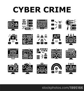 Cyber Crime Internet Business Icons Set Vector. Ddos And Ping Of Death Attack, Phishing And Teardrop Cyberspace Crime, Malware And Ransomware Glyph Pictograms Black Illustrations. Cyber Crime Internet Business Icons Set Vector