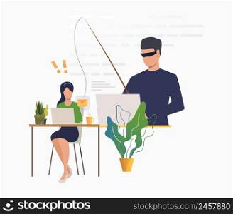 Cyber criminal hacking into email server. Burglar holding fishing tackle with hooked envelope. Cybercrime concept. Vector illustration can be used for hacker attack, data protection, phishing
