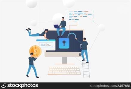 Cyber criminals hacking into bank account. Cartoon hackers opening lock, carrying password and money. Hacker attack concept. Vector illustration can be used for internet fraud, breach, money safety