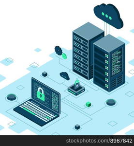 Cyber data security. Internet security isometric concept. Server room connected with laptop through protected hub. Computing internet digital technology. Vector illustration