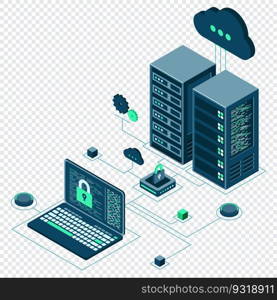 Cyber data security. Internet security isometric concept. Server room connected with laptop through protected hub. Computing internet digital technology. Vector illustration