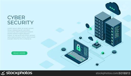 Cyber data security. Internet security isometric concept. Server room connected with laptop through protected hub. Online server protection system concept. Vector illustration