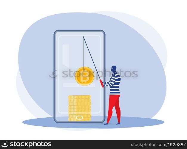 Cyber hacker fishing up bitcoin from a mobile phone attack concept vector illustrator.