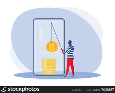 Cyber hacker fishing up bitcoin from a mobile phone attack concept vector illustrator.