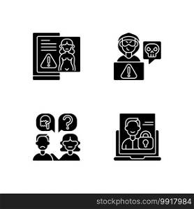 Cyber harassment black glyph icons set on white space. Revenge porn. Cyberstalking on social media. Talk to someone. Victime seek support. Silhouette symbols. Vector isolated illustration. Cyber harassment black glyph icons set on white space