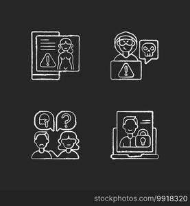 Cyber harassment chalk white icons set on black background. Revenge porn. Cyberstalking on social media. Talk to someone. Private account. Psychological help. Isolated vector chalkboard illustrations. Cyber harassment chalk white icons set on black background