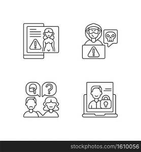 Cyber harassment linear icons set. Revenge porn. Cyberstalking on social media. Victime seek support. Customizable thin line contour symbols. Isolated vector outline illustrations. Editable stroke. Cyber harassment linear icons set