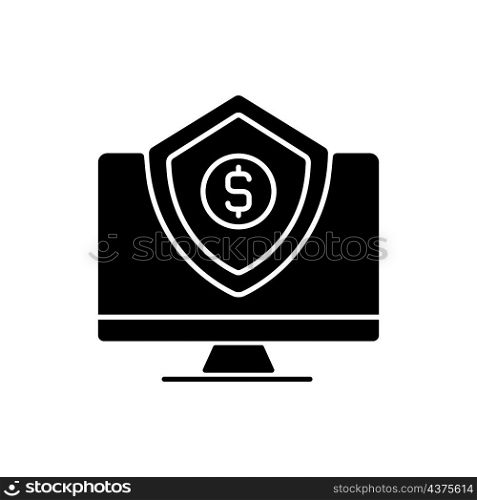 Cyber insurance black glyph icon. Business liability. Data stealing protection. Risks coverage. Financial cover in case of attack. Silhouette symbol on white space. Vector isolated illustration. Cyber insurance black glyph icon