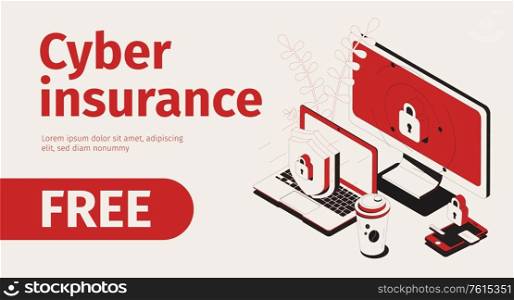 Cyber insurance horizontal banner with isometric images of protected computers locks workspace elements and editable text vector illustration