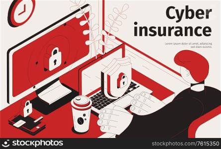 Cyber insurance isometric background with view of lock shield symbols on workplace computers with editable text vector illustration