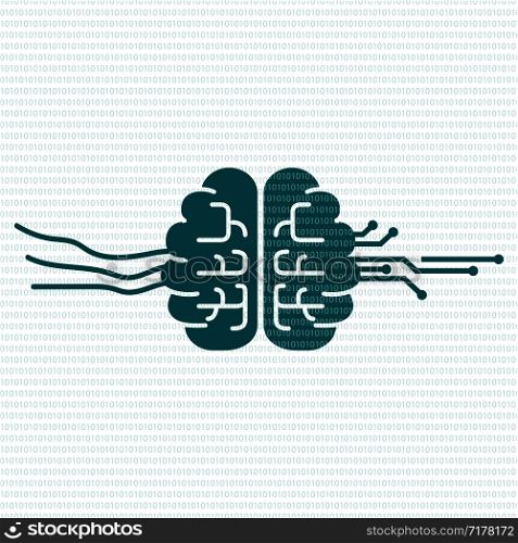 Cyber mind illustration. Human brain with circuit board and binary data flow. Artificial Intelligence or AI concept on blue background