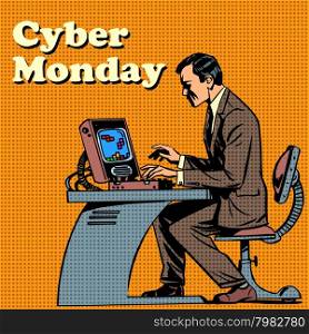 Cyber Monday computer and human pop art retro style. Cyber Monday computer and human