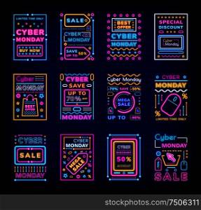 Cyber monday mega sale, super discounts neon set vector. Package and percent reduction off price, advertising with light in flat style, pricetag icon. Cyber Monday Mega Sale, Super Discounts Neon Set