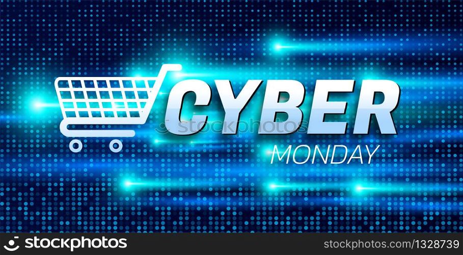 Cyber Monday. Promotional online sale event. Vector technology illustration. Futuristic label design.
