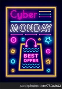 Cyber monday promotional poster vector. Neon effect of text and decorative elements. Store advertisement with best offer for clients. Cheap products sellout. Bag with geometric shapes and forms. Cyber Monday Best Offer Discount Neon Sign Promo