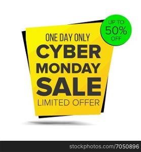Cyber Monday Sale Banner Vector. Up To 50 Percent Off Monday Badge. Crazy Sale Poster. November Crazy Discounts Poster. Isolated Illustration. Cyber Monday Sale Banner Vector. Website Sticker, Cyber Web Page Design. Big Super Sale. Online Sales Concept. Isolated On White Illustration