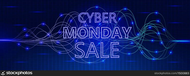Cyber Monday sale concept on cyberspace with grid. Tiny particles are flowing from sparkles, leaving trails. Digital bright advertising vector on futuristic background for web.. Cyber Monday sale concept on cyberspace with grid. Tiny particles are flowing from sparkles, leaving trails.
