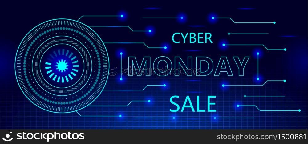 Cyber Monday sale concept on cyberspace with grid and HUD. Tiny particles are flowing from sparkles, leaving trails. Digital bright advertising vector on futuristic background for web.. Cyber Monday sale concept on cyberspace with grid and HUD. Tiny particles are flowing from sparkles, leaving trails.
