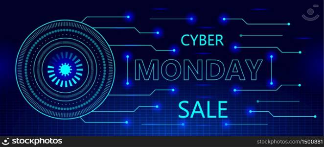 Cyber Monday sale concept on cyberspace with grid and HUD. Tiny particles are flowing from sparkles, leaving trails. Digital bright advertising vector on futuristic background for web.. Cyber Monday sale concept on cyberspace with grid and HUD. Tiny particles are flowing from sparkles, leaving trails.