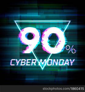 Cyber monday sale discount poster or banner with triangle sign and glitch text up to 90% off
