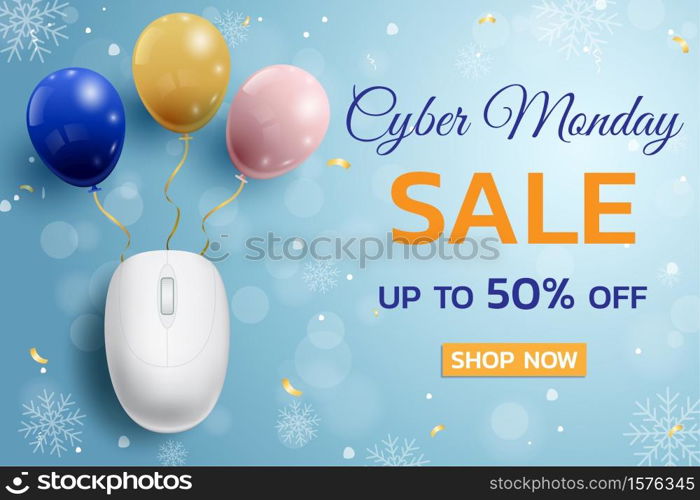 Cyber Monday Sale promotional poster with mouse and balloons background for commerce, business and advertising. Vector illustration