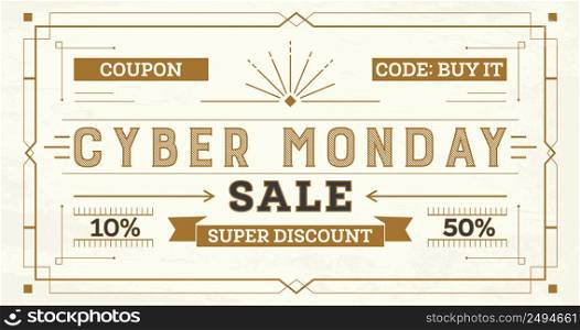 Cyber Monday Sale Retro Background. Coupon Template with Rays, Lines and Frame. Vector Illustration.