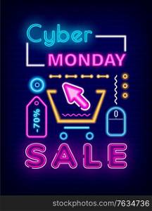 Cyber monday sale vector, discount on all products. Marketing and announcement of clearance at shops. Shopping cart with cursor, buying and selling online. Pricetag with percent and mouse icons. Cyber Monday Sale Neon Icons, Promotional Poster