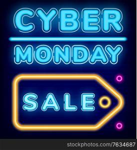Cyber monday sale vector. Promotional banner with pricetag, deals for shoppers. Business offer for clients and customers of shop. Sign with neon effect. Glowing text and dots flat style illustration. Cyber Monday Sale on Pricetag Neon Sign Vector