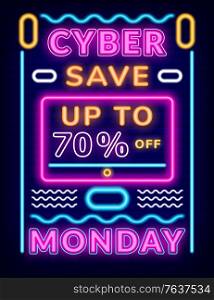 Cyber monday save up to 70 percent poster with neon light. Shiny advertising for shopping, business retail. Board decorated by glowing symbols, electronic commerce or colorful promotion vector. Poster Cyber Monday, Save up to 70 Percent Vector