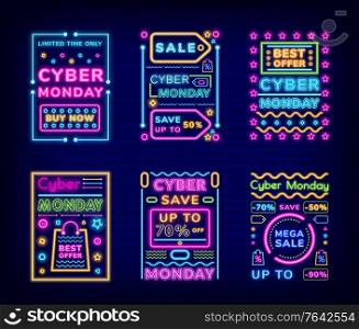 Cyber monday set of discount cards vector. Neon signs and fonts. Reduction of price and sales for clients of shops and stores. Online buying of production, pricetag with percents illustration. Cyber Monday Neon Signs of Discounts Sale Set