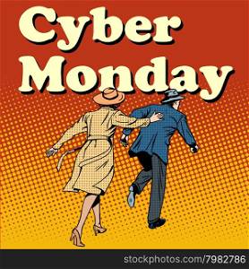 Cyber Monday shoppers run on sale pop art retro style. Cyber Monday shoppers run on sale