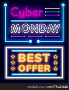 Cyber monday vector, set of neon signs for shop clearance. Abstract decoration of discounts design, business offer for clients of store. Rating with golden stars. Sale promotional banners illustration. Cyber Monday Best Offer Neon Signs Set Vector
