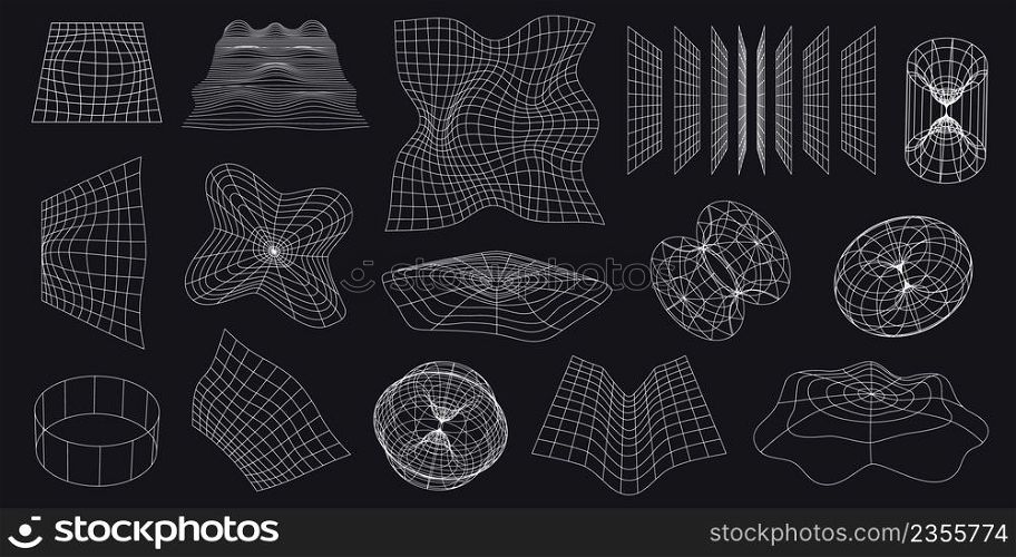 Cyber neo futuristic grids, 3d mesh objects and shapes. Wireframe wavy geometric perspective plane. 80s cyberpunk line elements vector set. Abstract net structure deformation, flowing surface. Cyber neo futuristic grids, 3d mesh objects and shapes. Wireframe wavy geometric perspective plane. 80s cyberpunk line elements vector set
