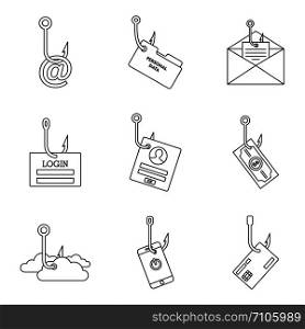 Cyber phishing icon set. Outline set of cyber phishing vector icons for web design isolated on white background. Cyber phishing icon set, outline style