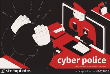 Cyber police isometric background composition with hacker workplace and policeman looking out of desktop computer screen vector illustration