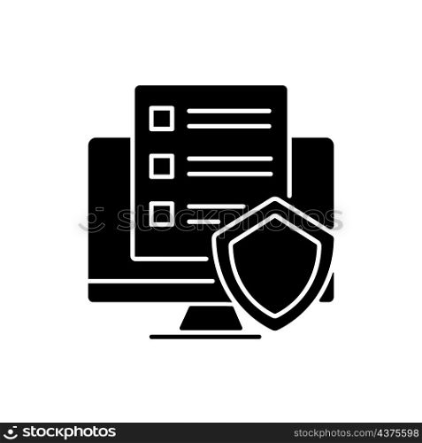 Cyber policy black glyph icon. Rules to protect users online. Cybersecurity regulations. Prevention of malware. Common restrictions. Silhouette symbol on white space. Vector isolated illustration. Cyber policy black glyph icon