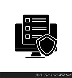 Cyber policy black glyph icon. Rules to protect users online. Cybersecurity regulations. Prevention of malware. Common restrictions. Silhouette symbol on white space. Vector isolated illustration. Cyber policy black glyph icon