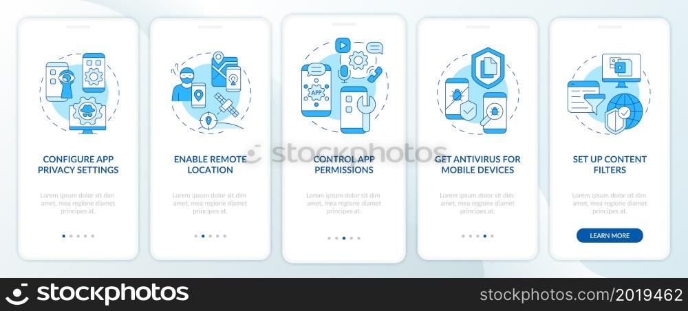 Cyber privacy tips onboarding mobile app page screen. Information protect walkthrough five steps graphic instructions with concepts. UI, UX, GUI vector template with linear color illustrations. Privacy online protect tips onboarding mobile app page screen