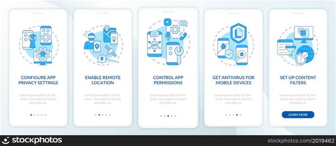 Cyber privacy tips onboarding mobile app page screen. Information protect walkthrough five steps graphic instructions with concepts. UI, UX, GUI vector template with linear color illustrations. Privacy online protect tips onboarding mobile app page screen