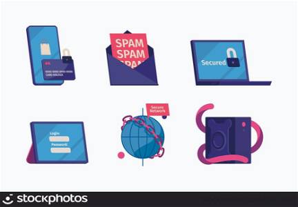 Cyber safety. Password key input frames lock secure online systems garish vector icons collection. Illustration of safety security and cyber protection. Cyber safety. Password key input frames lock secure online systems garish vector icons collection