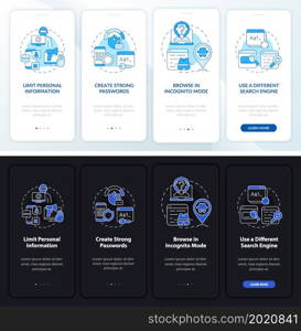 Cyber safety tips onboarding mobile app page screen. Data protection walkthrough eight four graphic instructions with concepts. UI, UX, GUI vector template with linear night and day mode illustrations. Cyber safety tips onboarding mobile app page screen