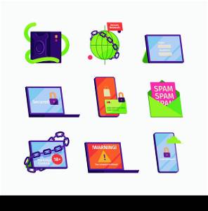 Cyber secure icons. Password protection online locks secure frames digital symbols garish vector flat illustrations. Security password, secure shield and protection. Cyber secure icons. Password protection online locks secure frames digital symbols garish vector flat illustrations