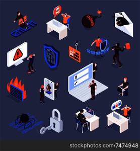 Cyber security and internet crimes isometric icons set 3d isolated vector illustration